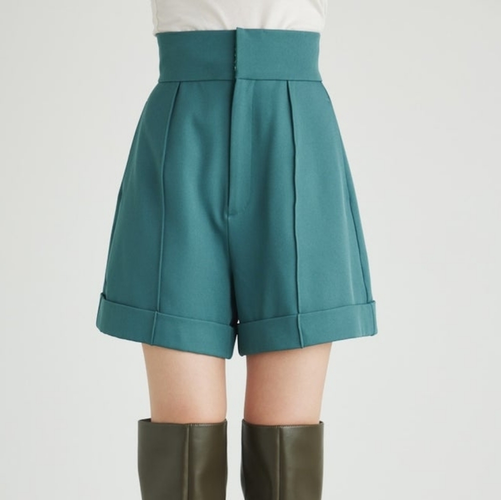 Rienda Japanese Fashion Teal High-Waisted Pleated Pintuck Shorts